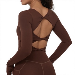 Combinaison de sport sans dos personnalisée de haute qualité en élasthanne, effet froncé aux fesses, séchage rapide, pour yoga, gym, fitness, une pièce, Spandex/Nylon - Product Image 3