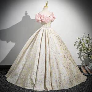 Champagne Off The Shoulder Ball Gown Floral Print Empire Waistline Evening Dress For Stage Performance Banquet Coming Of Age - Product Image 2