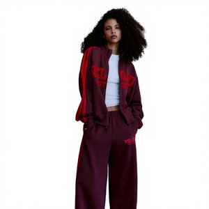 Custom Design Women's <b>Maroon</b> Track Suit Full Sleeve Zipper Jacket With Red Letter Print And Matching Pants Casual Autumn Wear - Product Image 5