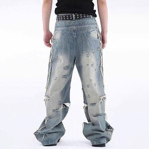 YUCE Jeans personnalisés Y2K, <span class=keywords><strong>coupe</strong></span> ample, jambe large, délavés, déchirés, rétro, streetwear, denim, pantalon, jeans délavés lourds, style cowboy pour hommes - Product Image 2