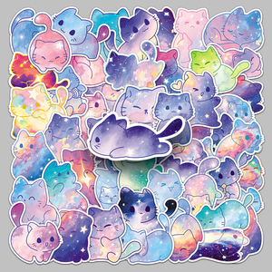50 Stuks In De Fabriek Verkochte Hoogwaardige Dromerige Cartoon Originele Aquarel Sterrenhemel Kat Stickers Voor Laptops En Computers - Product Image 1