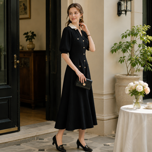 Elegante Vestido Midi Negro de Punto con Cuello Camisero y Manga Corta en Contraste, Vestido Tipo Suéter con Corte en A para Mujer - Product Image 5