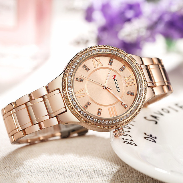 For Original Luxury Business Fashion Crystal Stainless Steel 3BAR Water Resistant Quartz Women's Watch 9004 Chronograph