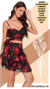 Femmes élégant charmant romantique moderne confortable Sexy rouge Floral deux pièces <span class=keywords><strong>ensemble</strong></span> haut et jupe courte - Product Image 2