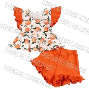 DH ODM Boutique Summer Peach Bamboo Print Toddler Children Peplum Shirt Ruffle Shorts Outfit Baby Girls Clothing Sets