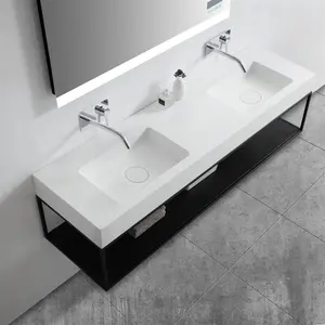 Modernes Modell feste Oberfläche Harz Stein Wandhängendes Badezimmer Waschbecken Doppelschminkbecken Waschbecken mit Regal Kunststein