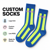 Chaussettes mi-mollet bleues personnalisées, rayures jaunes fluorescentes, lettres violettes en jacquard, chaussettes lumineuses