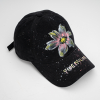 Casquette de baseball noire, peinte à la main, motif floral, design personnalisé, détails de peinture éclaboussée, sangle réglable, unisexe, streetwear