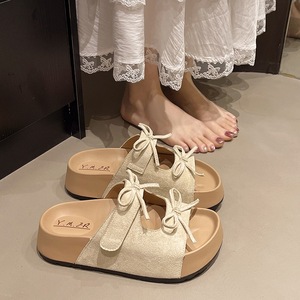 Yellow Suede Slide Sandals <b>Open</b> Toe Flat Heel Platform Comfortable Summer Women's <b>Shoes</b> with Bow Decoration - Product Image 5