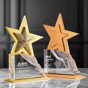 कस्टमाइज्ड प्रिंटिंग क्रिस्टल मेटल गोल्ड सिल्वर सिल्वर स्टार ट्रॉफी मेटल क्रिस्टल ट्रॉफी ब्लू रेड स्टार अवार्ड - Product Image 3