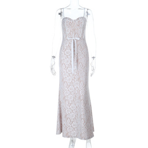 Vestido Largo <span class=keywords><strong>Blanco</strong></span> de Tirantes Estilo Occidental para Mujer, Vestido Maxi de Encaje de Doble Capa, Elegante, Casual, para Fiesta de Noche - Product Image 4