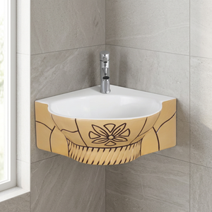 Lavabo de salle de bain moderne en céramique jaune imprimé, petit format, avec finition électroplaquée et motif grain de cuir, idéal pour villas et hôtels - Product Image 1
