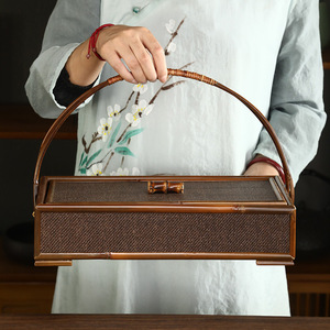 Caja de té de bambú estilo japonés, cesta de almacenamiento, juego de té retro/caja coleccionable con tapa, estuche portátil, accesorios para la ceremonia del té. - Product Image 1
