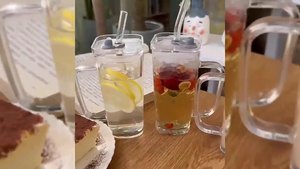 Verre à eau en verre avec poignée, aspect haut de gamme, verre à boisson pour femmes, verre à jus d'été, tasse rayée avec couvercle et paille - Product Image 2