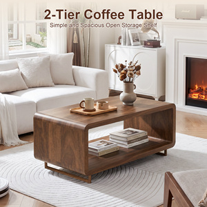 Rectangular 2-Tier Wooden Coffee Table with Open <b>Storage</b> Shelf Rounded Edge Low Profile Tea Table Modern Minimalist Center Table - Product Image 3