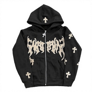 Wholesale 100% Cotton Fleece 3D Embroidery Customize Puff Printing Solid Brown Color Long Sleeves Regular Fit Men's Zip Hoodies - Product Image 2
