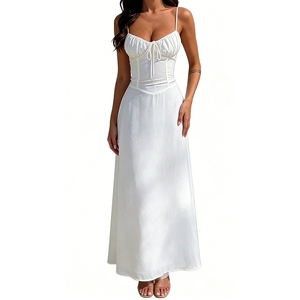 Vestido maxi de tirantes finos con fruncido en el busto y lazo frontal para mujer, vestidos de noche, moda femenina - Product Image 4