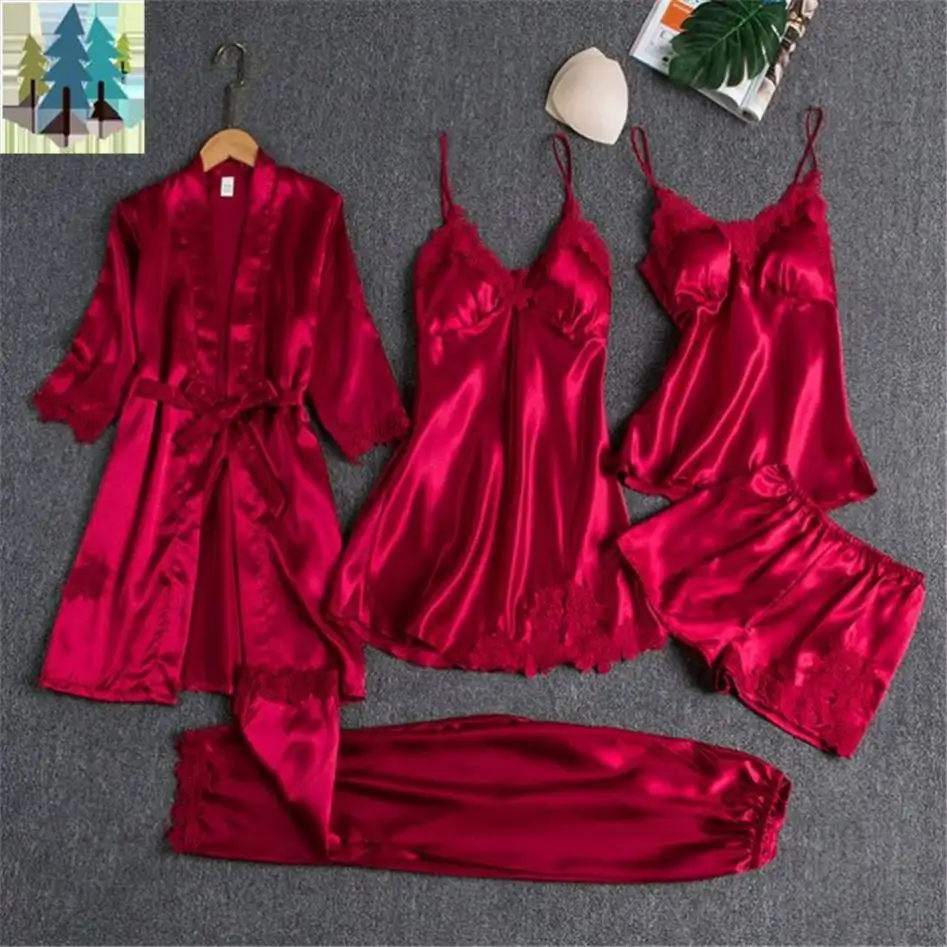 Set mit Kleid Mode Damen Übergröße 4 Stück Satin Spitzen-Oberteil Pyjama