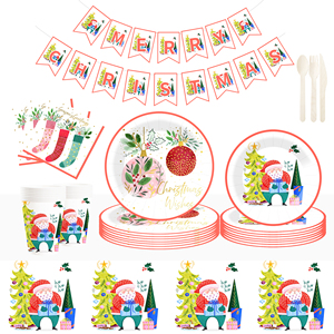 DAMAI Christmas Party Supplies Disposable Dinnerware Tableware Favors for 8 Guests Christmas Party Plates Napkins Tableware Set - Product Image 1