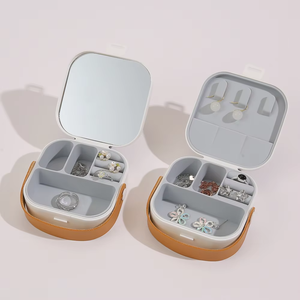 Factory Direct <b>Small</b> Travel Jewelry Case with Custom Logo Square Shape Plastic Holder <b>Mirror</b> Handle Zipper Closure - Product Image 2