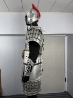 Ensemble d'armure lamellaire de guerrier chinois antique en argent, casque à plumes rouge de tranchée, costume complet pour homme, LARP, cosplay, Halloween, scène