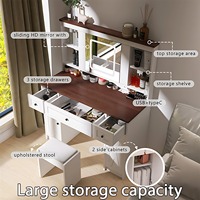 Miroir de coiffeuse moderne en bois avec éclairage LED réglable, 5 tiroirs, prise intégrée, tabouret confortable, miroir coulissant pour le maquillage
