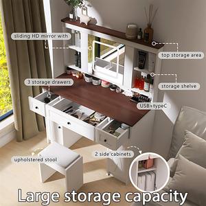 <span class=keywords><strong>Espejo</strong></span> de Tocador Moderno <span class=keywords><strong>con</strong></span> <span class=keywords><strong>Luces</strong></span> LED Ajustables, 5 Cajones, Regleta Integrada, Taburete Cómodo <span class=keywords><strong>y</strong></span> <span class=keywords><strong>Espejo</strong></span> Deslizante para Maquillaje - Product Image 4