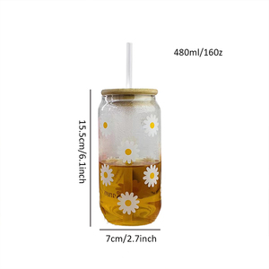 Aanpassen Logo 480Ml/16Oz Schattige Bloem Glazen Bekers Kan Vormen Koffie Bier Sap Glazen Met Bamboe Deksel En Stro Voor Thuis Kantoor - Product Image 3