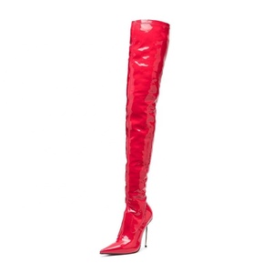 Sexy Metal Slim Heels Women's Skintight Over Knee Boots Pointed Toe Patent Stiletto Long <b>Booties</b> Thigh High Shoes - Product Image 3