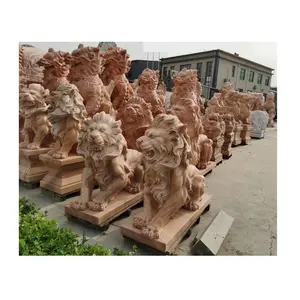 Manufacturers Outdoor Statue For Gate Decoration Hand Carved Sunset Red Life Size Marble Stone Lions Decor Sculpture Price