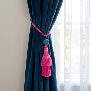 Pink Tassel Curtain <b>Tieback</b> with Turquoise Disc for Dark Blue Drapes - Product Image 1