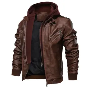 Leather men's double zip hooded biker leather jacket detachable coat with hat