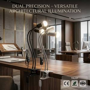 Support de lampe professionnel à double tête E27 à clipser - Lampe de bureau à double douille à col de cygne flexible - Lampe de lecture et de culture réglable - Product Image 1