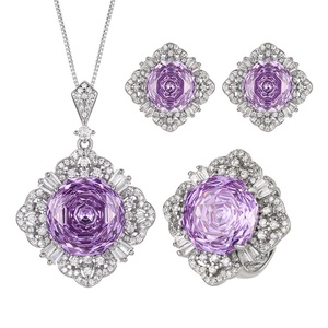 New Arrival Eco-friendly Copper 16-10mm Violet Floral Zircon Pendant <b>Earrings</b> Ring Jewelry Sets for Trendy Contemporary Style - Product Image 1