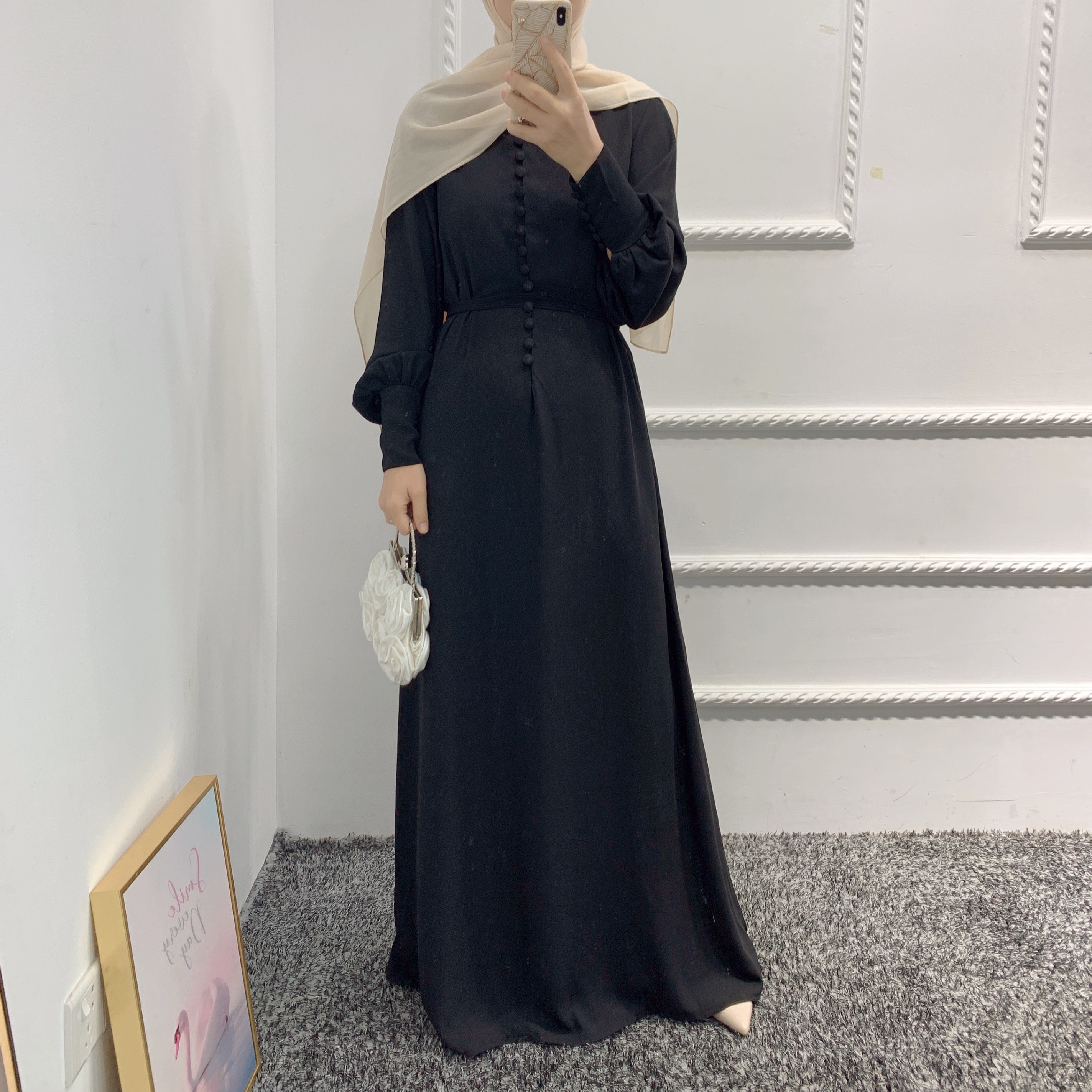 Wholesale High Quality Elegant Muslim Women Long Abaya with buttons Chiffon Dress Islamic Clothing
