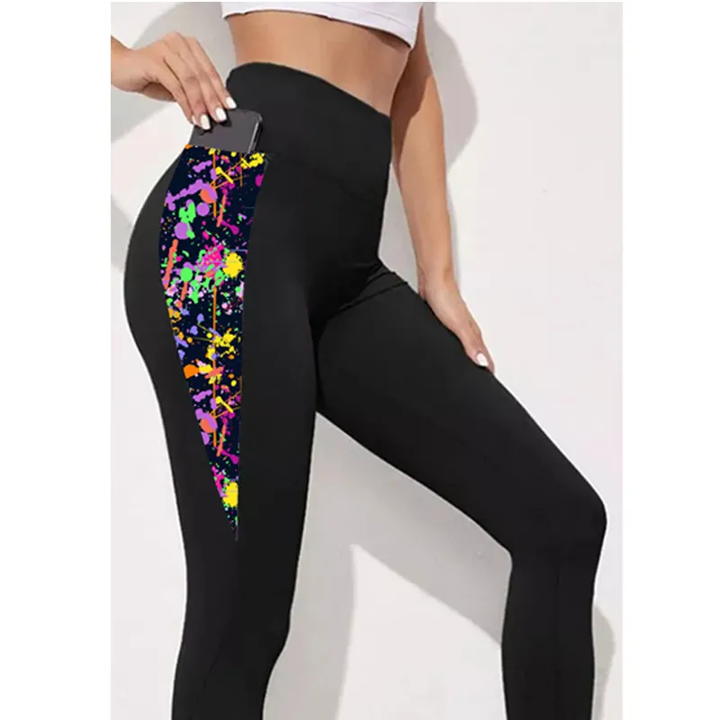 Legging Ketat Lembut Bermentega Pinggang Tinggi dengan Saku Segitiga Lukisan Kustom Legging Wanita Cetak Percikan dengan Saku Samping