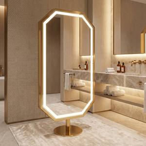 Gold Frame Octagonal LED <b>Standing</b> Mirror Modern Design Mall Bathroom Salon Furniture Adjustable Height Metal Base - Product Image 1
