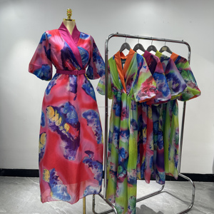 Venta Directa de Fábrica, Vestido Floral de Verano para Mujer, Cintura Ajustada, Cuello <span class=keywords><strong>en</strong></span> V, Algodón, <span class=keywords><strong>Ropa</strong></span> Femenina, Moda Casual, Vestidos de Fiesta - Product Image 4