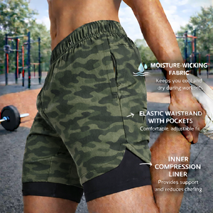 Oem Logo Camo Double Layer <b>Shorts</b> <b>Men</b> Waistband Sports Running <b>Shorts</b> <b>Compression</b> Quick Dry Workout <b>Men's</b> Custom Gym <b>Shorts</b> - Product Image 2