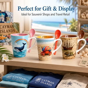 Tazas de Cerámica Personalizadas con Diseño Oceánico y Cuchara, Recuerdo Turístico de las Islas Caimán, para Mayoristas de Regalos - Product Image 1