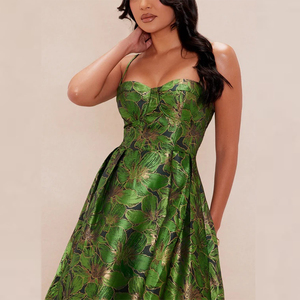 <span class=keywords><strong>Robe</strong></span> longue élégante en jacquard floral vert avec bretelles spaghetti et détails plissés, <span class=keywords><strong>robe</strong></span> de soirée formelle personnalisable - Product Image 2