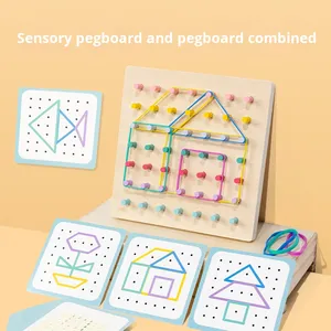 Houten pegboard voor kinderen, geometrische vormen, creatieve rubberen bandpuzzel, sensorische integratie, stok, Montessori-educatief speelgoed - Product Image 3