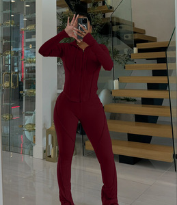 Damen Herbst Winter Sport Freizeitanzug Geripptes Patchwork Crop Top und Hose 2-teiliges Set Damenkleidung - Product Image 4