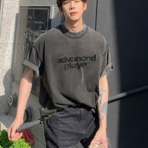 Imprimé personnalisé surdimensionné Vintage T-shirt lourd pour les hommes 100% coton tricoté tissu lettre motif Streetwear - Product Image 4