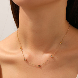 Gold Plated Rose Pendant Necklace With Diamond Round Brilliant Cut Stainless Steel Chain Floral Everyday Wear - Product Image 4
