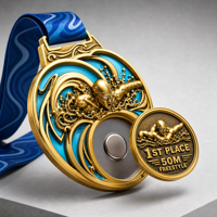 Médaille de natation personnalisée en gros avec pièce commémorative amovible, médaille sportive 3D en relief pour nageur avec ruban