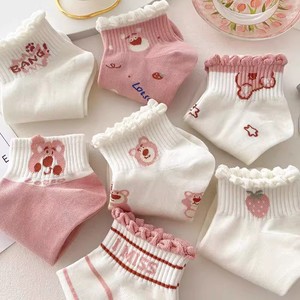 Women Ankle Socks Cotton Breathable Sweat Absorbing Cute Bear Strawberry Pattern White Pink Student Boat Socks <b>Spring</b> Autumn - Product Image 2