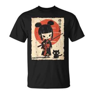 T-shirt mignon de style Kawaii avec une fille samouraï, une katana et un chat, inspiré de l'anime japonais - Product Image 1
