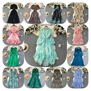 Floral Print Dress Fashion European And American Women 2023 New Pleated Design Loose Lace Casual Dress Elegant Long Dress