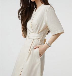 OEM-vestido Midi informal de manga larga con cuello de pico, ropa sencilla de seda y lino a la <span class=keywords><strong>moda</strong></span>, <span class=keywords><strong>2022</strong></span> - Product Image 3